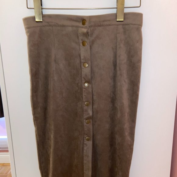 High-Wasted Buttoned Down Suede Skirt | Beige - Picture 1 of 5